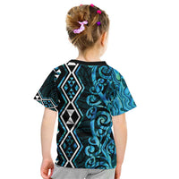 Turquoise Aotearoa Kid T Shirt Taniko Motifs With Paua Shell Kowhaiwhai
