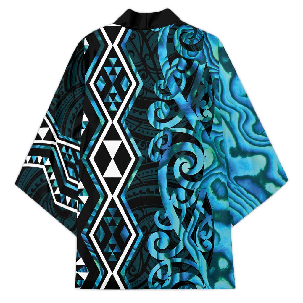 Turquoise Aotearoa Kimono Taniko Motifs With Paua Shell Kowhaiwhai - Polynesian Pride