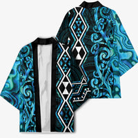 Turquoise Aotearoa Kimono Taniko Motifs With Paua Shell Kowhaiwhai - Polynesian Pride