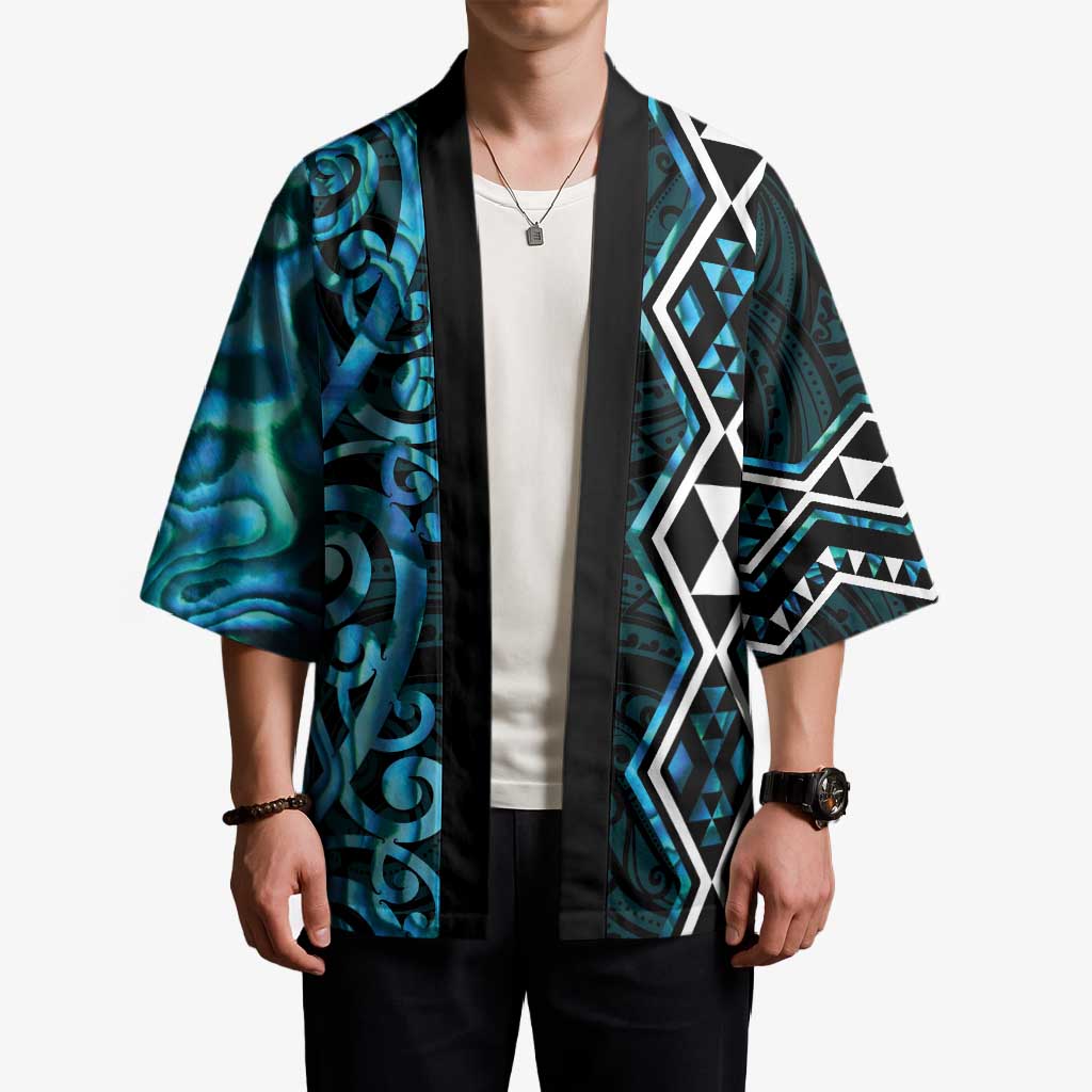 Turquoise Aotearoa Kimono Taniko Motifs With Paua Shell Kowhaiwhai - Polynesian Pride