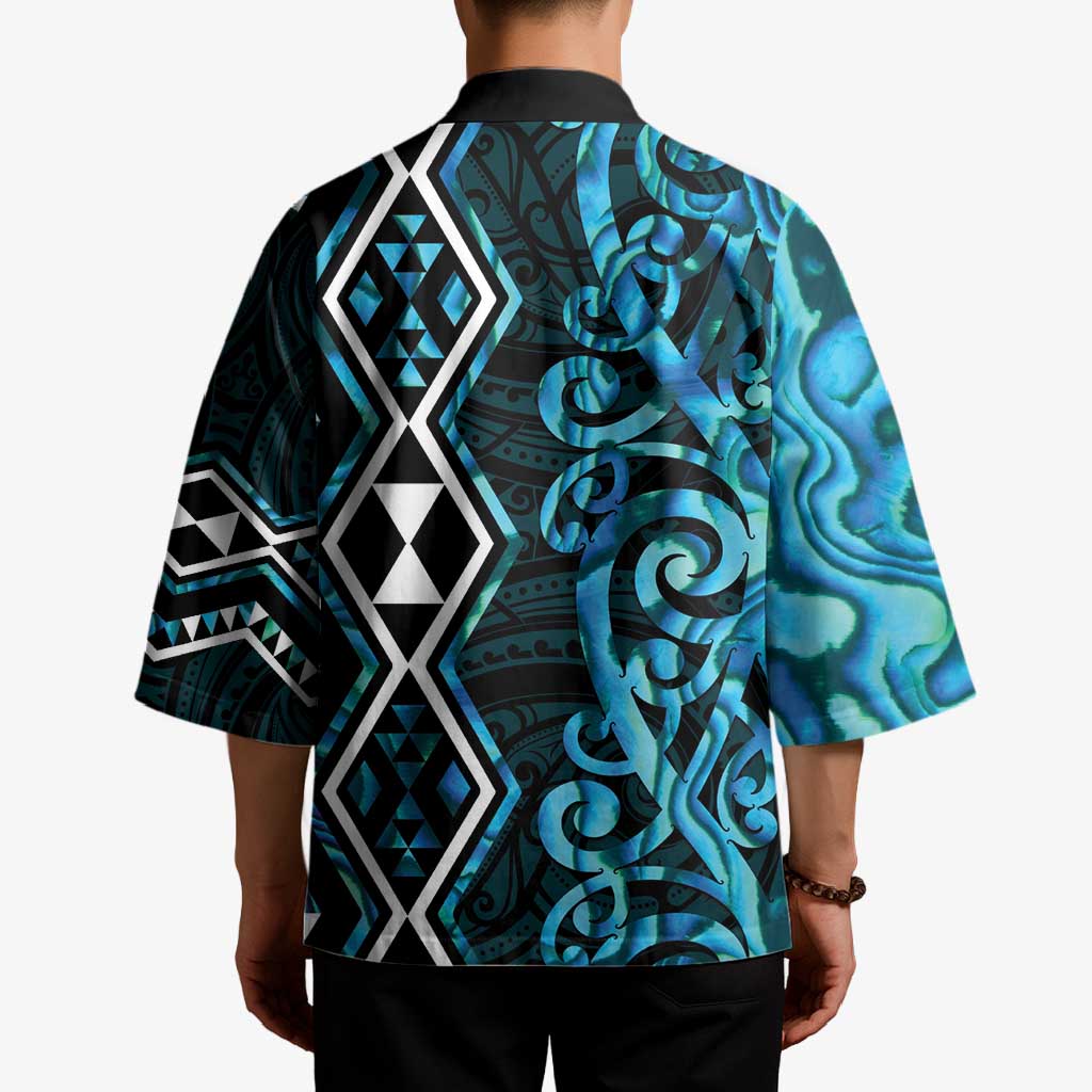 Turquoise Aotearoa Kimono Taniko Motifs With Paua Shell Kowhaiwhai - Polynesian Pride