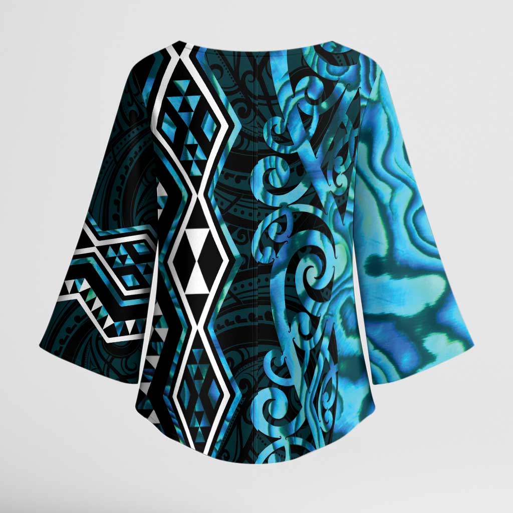Turquoise Aotearoa Kimono Sleeve Blouse Taniko Motifs With Paua Shell Kowhaiwhai - Polynesian Pride