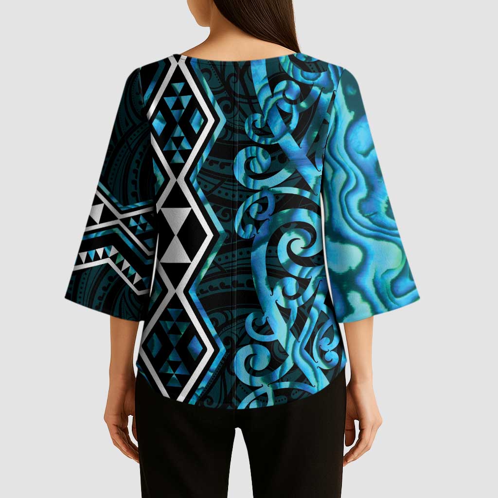 Turquoise Aotearoa Kimono Sleeve Blouse Taniko Motifs With Paua Shell Kowhaiwhai - Polynesian Pride