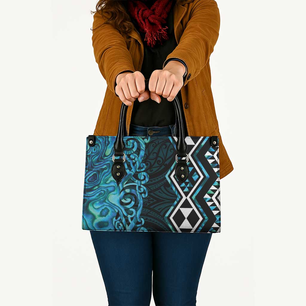 Turquoise Aotearoa Leather Bag Taniko Motifs With Paua Shell Kowhaiwhai - Polynesian Pride