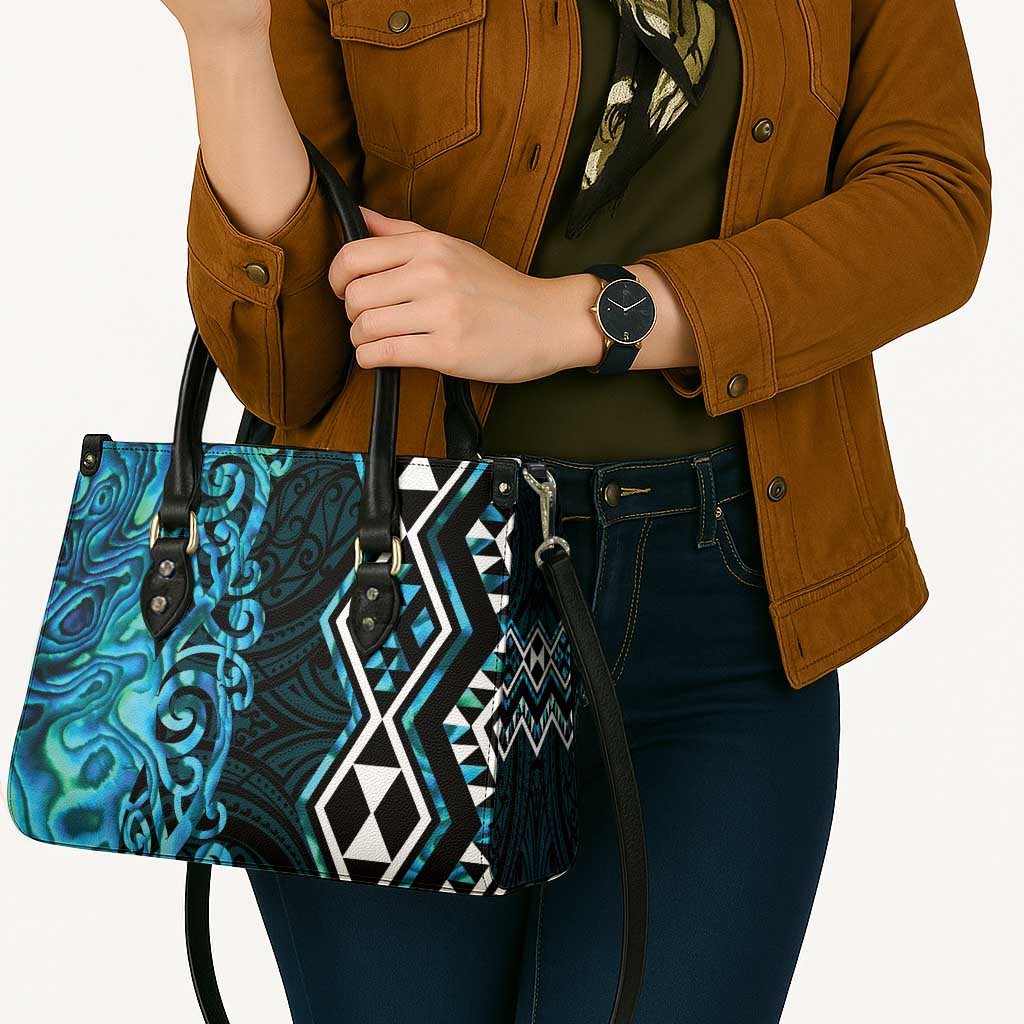 Turquoise Aotearoa Leather Bag Taniko Motifs With Paua Shell Kowhaiwhai - Polynesian Pride