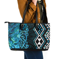 Turquoise Aotearoa Leather Tote Bag Taniko Motifs With Paua Shell Kowhaiwhai