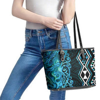 Turquoise Aotearoa Leather Tote Bag Taniko Motifs With Paua Shell Kowhaiwhai