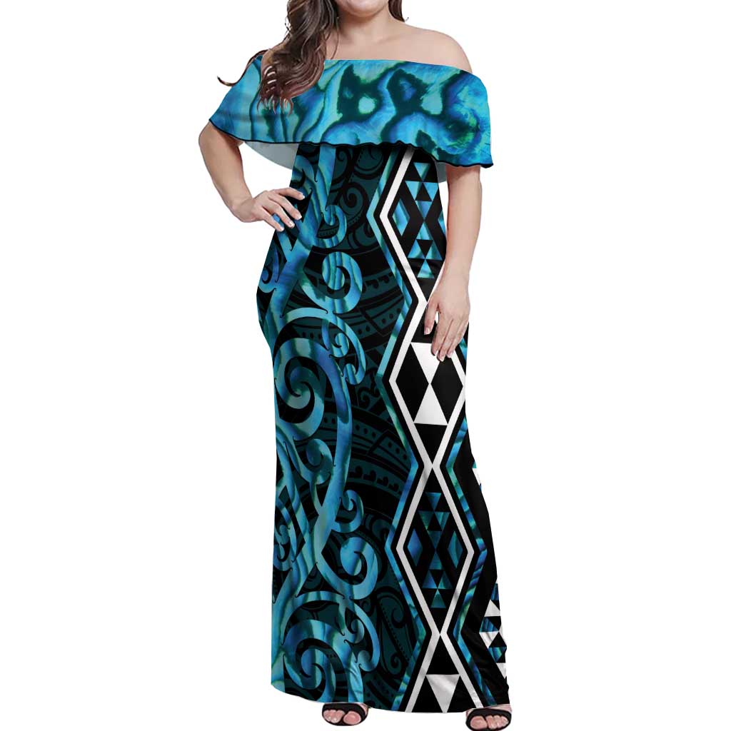 Turquoise Aotearoa Off Shoulder Maxi Dress Taniko Motifs With Paua Shell Kowhaiwhai