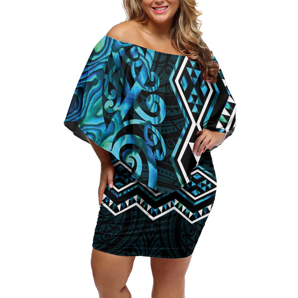 Turquoise Aotearoa Off Shoulder Short Dress Taniko Motifs With Paua Shell Kowhaiwhai