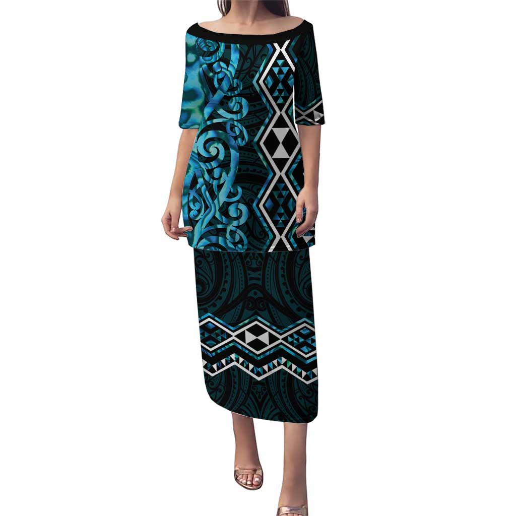 Turquoise Aotearoa Puletasi Taniko Motifs With Paua Shell Kowhaiwhai