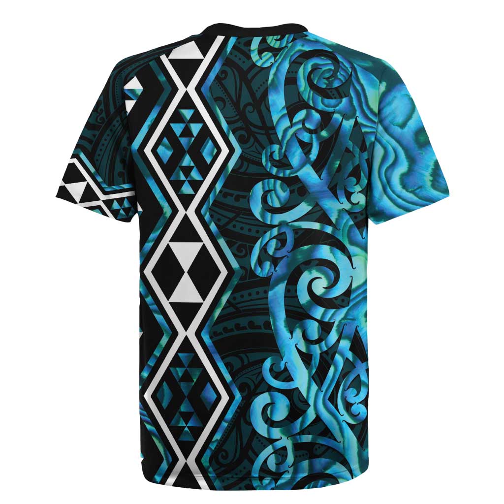 Turquoise Aotearoa Rugby Jersey Taniko Motifs With Paua Shell Kowhaiwhai
