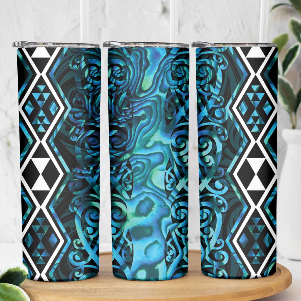 Turquoise Aotearoa Skinny Tumbler Taniko Motifs With Paua Shell Kowhaiwhai