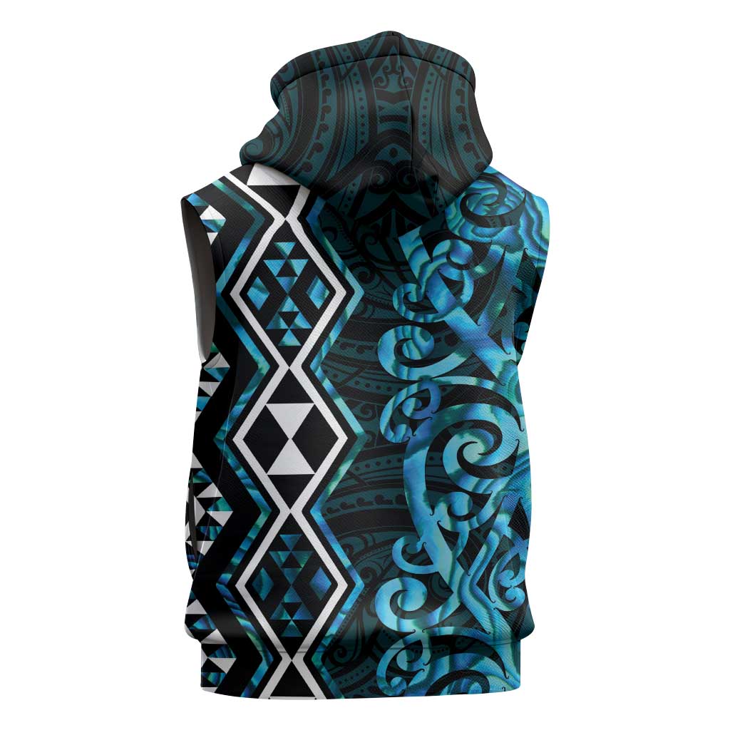 Turquoise Aotearoa Sleeveless Hoodie Taniko Motifs With Paua Shell Kowhaiwhai LT14 - Polynesian Pride
