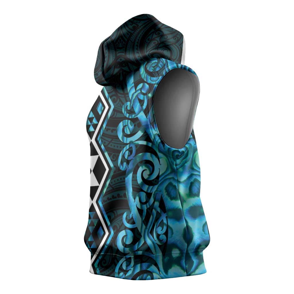 Turquoise Aotearoa Sleeveless Hoodie Taniko Motifs With Paua Shell Kowhaiwhai LT14 - Polynesian Pride