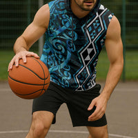 Turquoise Aotearoa Sleeveless Hoodie Taniko Motifs With Paua Shell Kowhaiwhai LT14 - Polynesian Pride