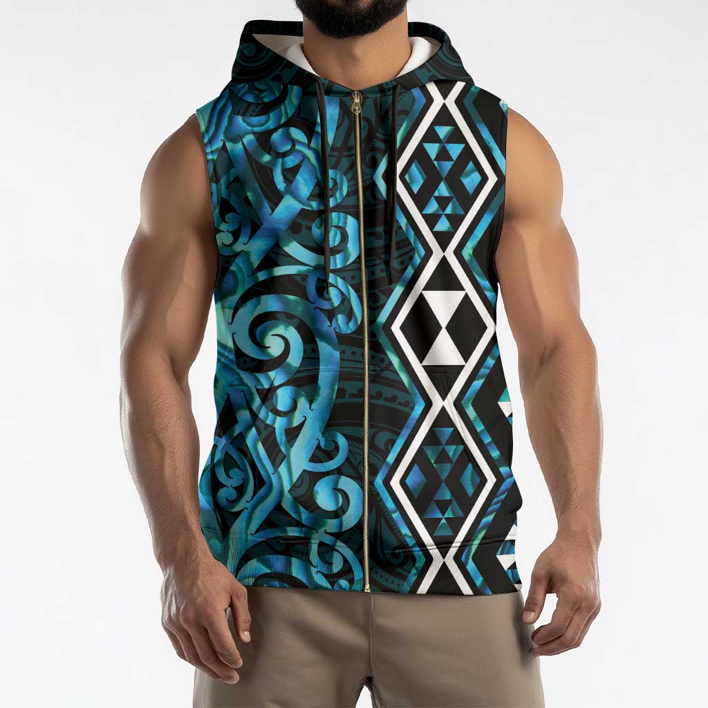 Turquoise Aotearoa Sleeveless Zip Hoodie Taniko Motifs With Paua Shell Kowhaiwhai - Polynesian Pride