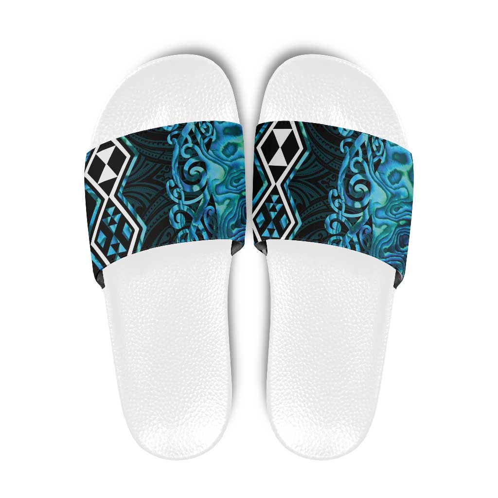 Turquoise Aotearoa Slide Sandals Taniko Motifs With Paua Shell Kowhaiwhai - Polynesian Pride
