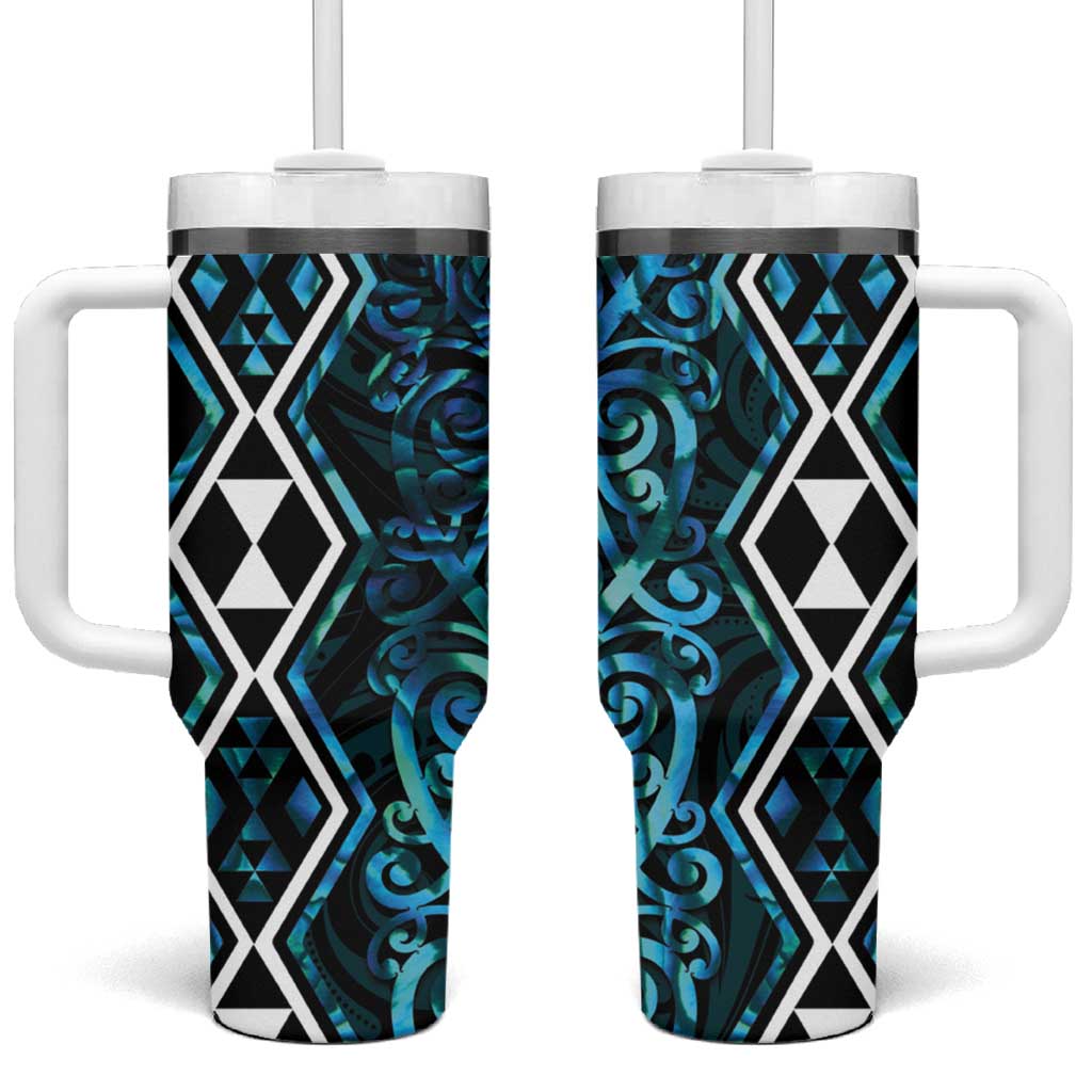 Turquoise Aotearoa Tumbler With Handle Taniko Motifs With Paua Shell Kowhaiwhai