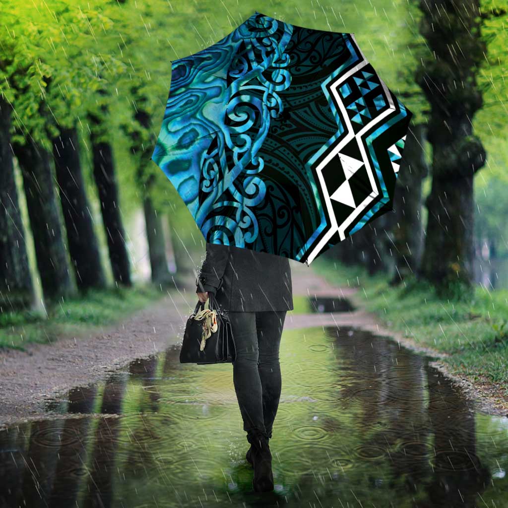 Turquoise Aotearoa Umbrella Taniko Motifs With Paua Shell Kowhaiwhai - Polynesian Pride