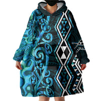 Turquoise Aotearoa Wearable Blanket Hoodie Taniko Motifs With Paua Shell Kowhaiwhai