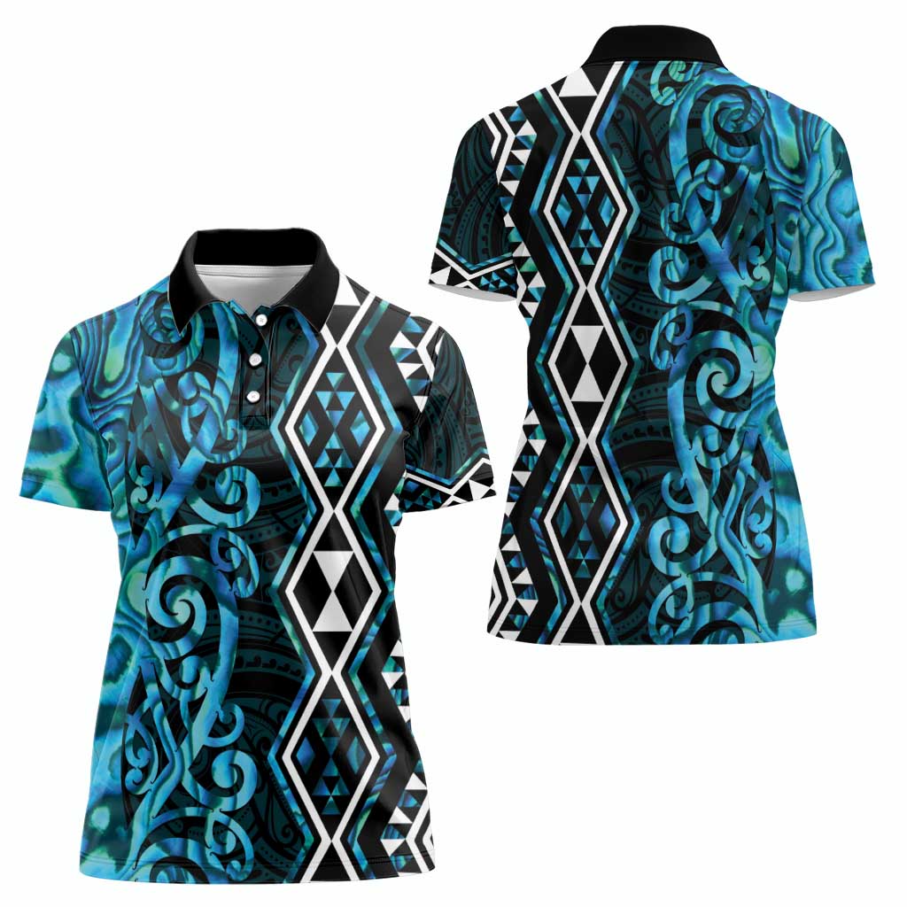 Turquoise Aotearoa Women Polo Shirt Taniko Motifs With Paua Shell Kowhaiwhai