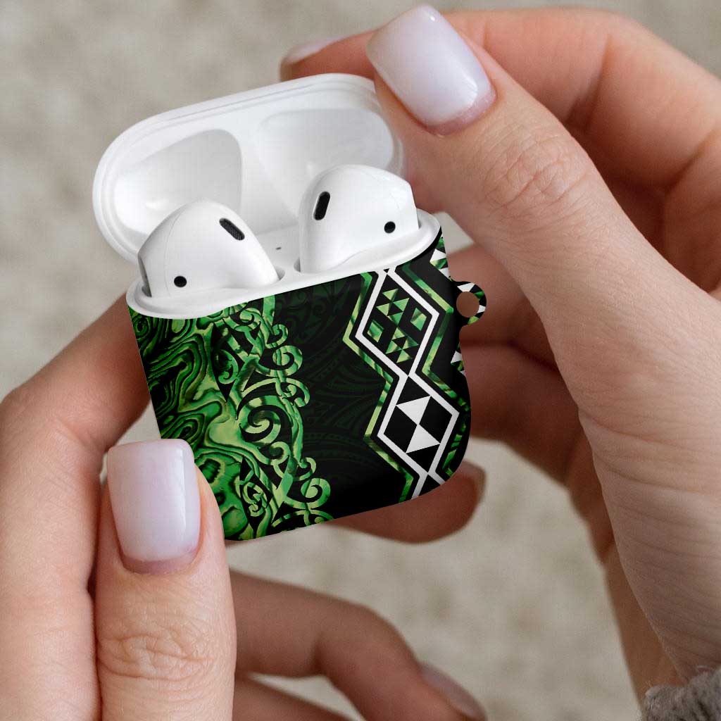 Green Aotearoa AirPods Case Taniko Motifs With Paua Shell Kowhaiwhai - Polynesian Pride
