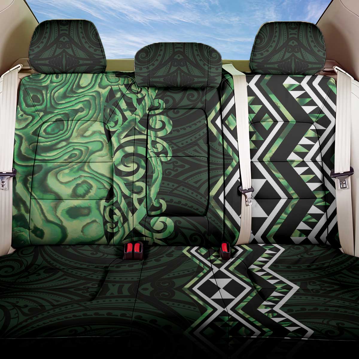 Green Aotearoa Back Car Seat Cover Taniko Motifs With Paua Shell Kowhaiwhai