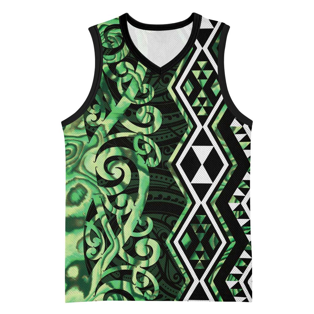 Green Aotearoa Basketball Jersey Taniko Motifs With Paua Shell Kowhaiwhai LT14 Unisex Green - Polynesian Pride