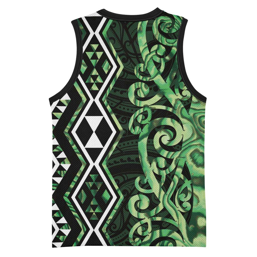 Green Aotearoa Basketball Jersey Taniko Motifs With Paua Shell Kowhaiwhai LT14 - Polynesian Pride