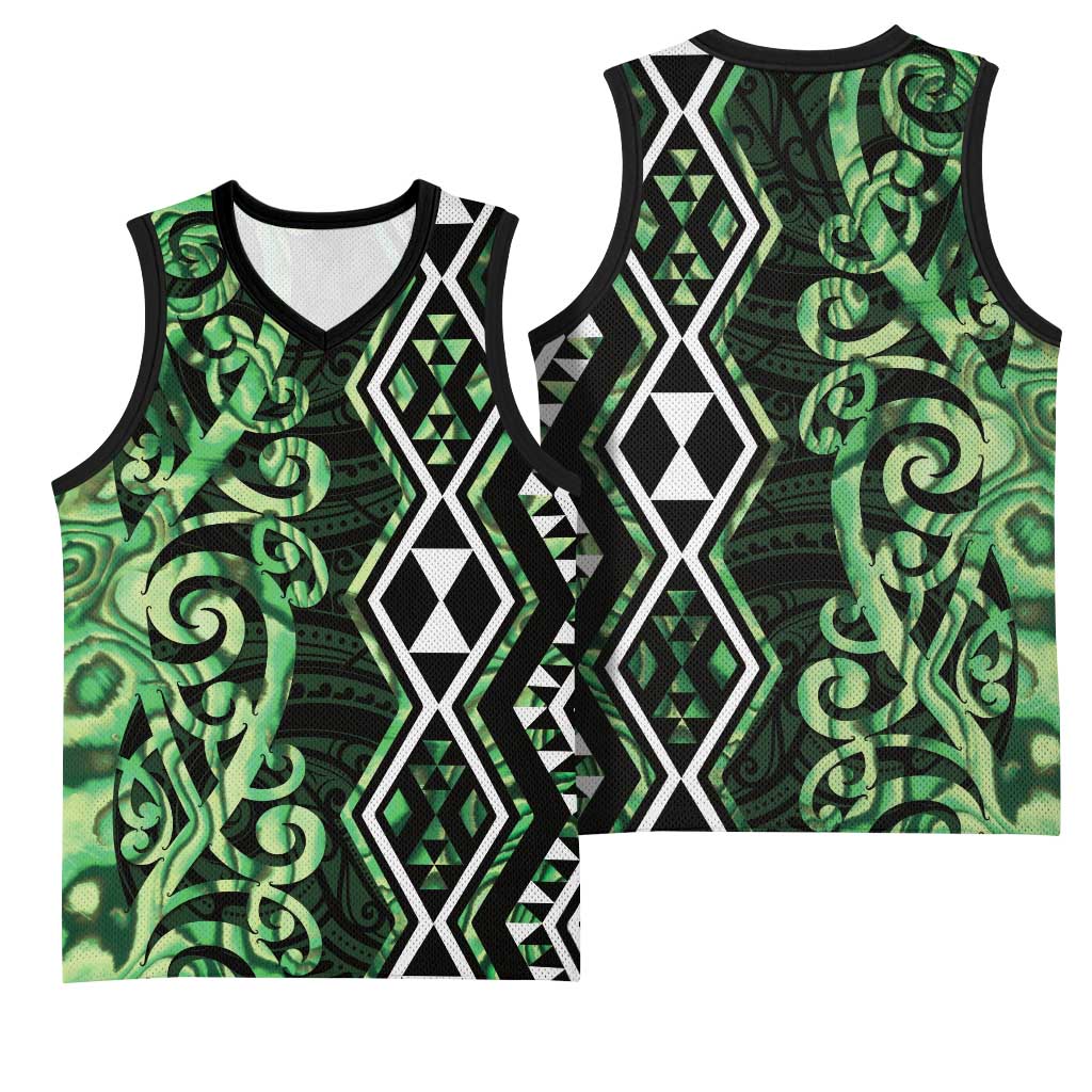Green Aotearoa Basketball Jersey Taniko Motifs With Paua Shell Kowhaiwhai LT14 - Polynesian Pride