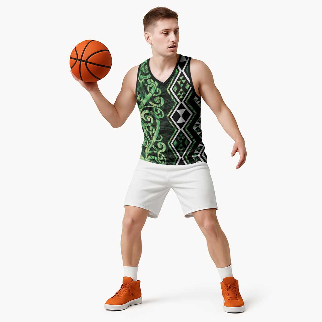 Green Aotearoa Basketball Jersey Taniko Motifs With Paua Shell Kowhaiwhai LT14 - Polynesian Pride