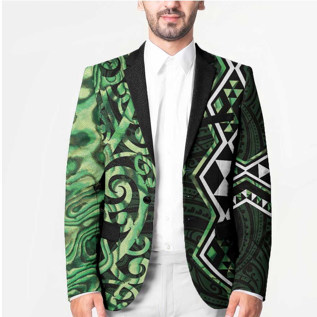 Green Aotearoa Blazer Taniko Motifs With Paua Shell Kowhaiwhai - Polynesian Pride