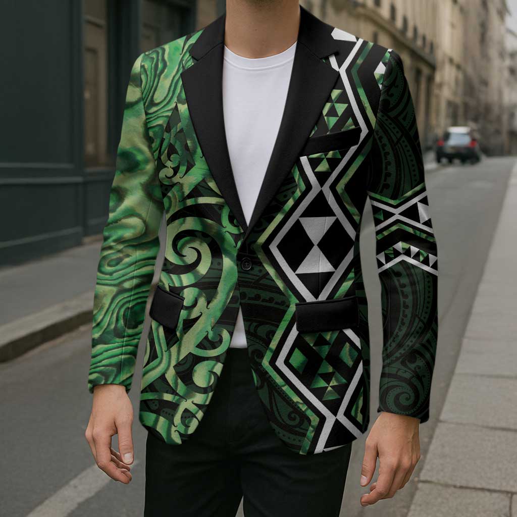 Green Aotearoa Blazer Taniko Motifs With Paua Shell Kowhaiwhai - Polynesian Pride