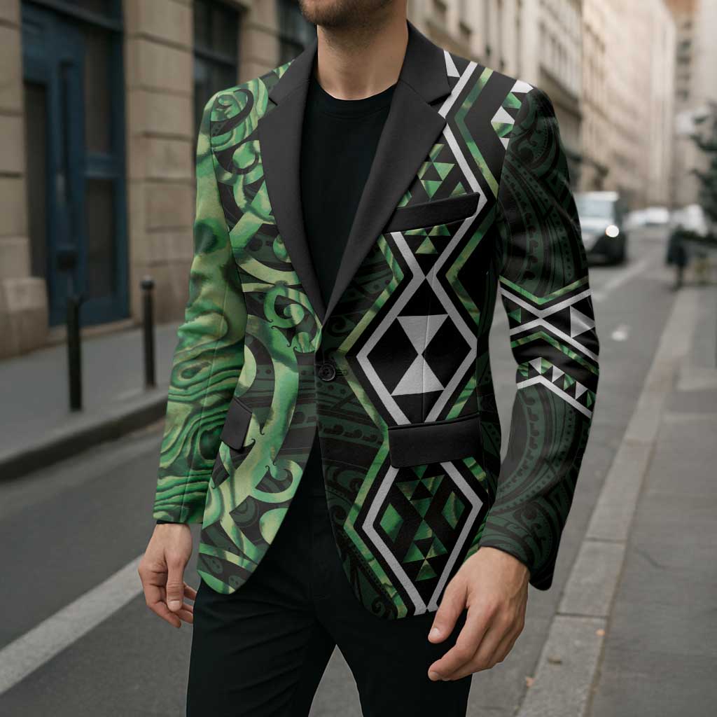Green Aotearoa Blazer Taniko Motifs With Paua Shell Kowhaiwhai - Polynesian Pride