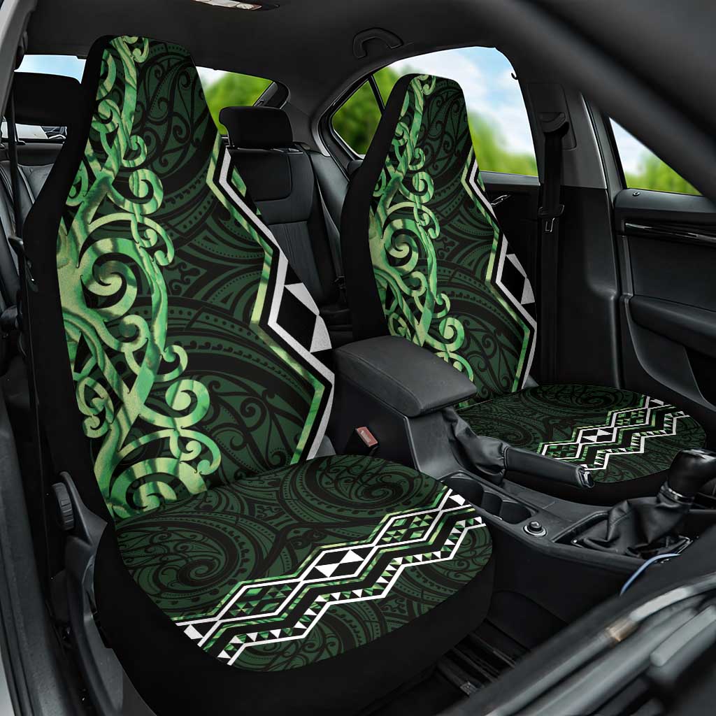 Green Aotearoa Car Seat Cover Taniko Motifs With Paua Shell Kowhaiwhai