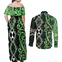 Green Aotearoa Couples Matching Off Shoulder Maxi Dress and Long Sleeve Button Shirt Taniko Motifs With Paua Shell Kowhaiwhai