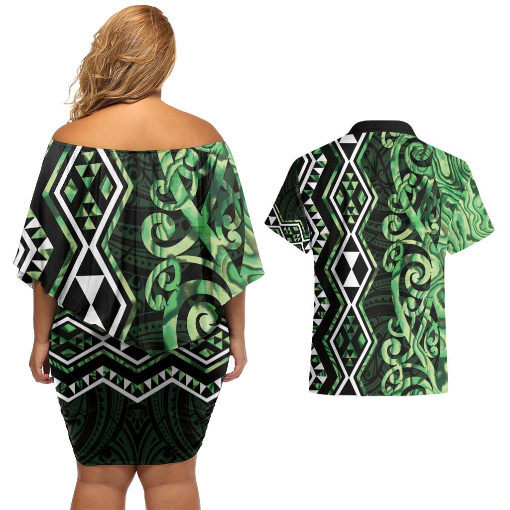 Green Aotearoa Couples Matching Off Shoulder Short Dress and Hawaiian Shirt Taniko Motifs With Paua Shell Kowhaiwhai