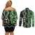 Green Aotearoa Couples Matching Off Shoulder Short Dress and Long Sleeve Button Shirt Taniko Motifs With Paua Shell Kowhaiwhai