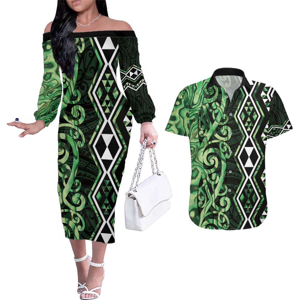 Green Aotearoa Couples Matching Off The Shoulder Long Sleeve Dress and Hawaiian Shirt Taniko Motifs With Paua Shell Kowhaiwhai