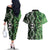 Green Aotearoa Couples Matching Off The Shoulder Long Sleeve Dress and Hawaiian Shirt Taniko Motifs With Paua Shell Kowhaiwhai