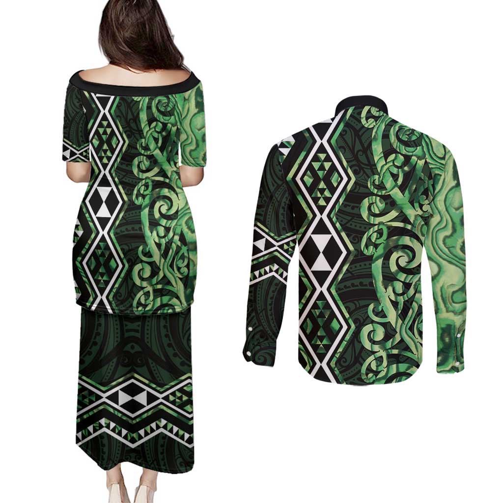 Green Aotearoa Couples Matching Puletasi and Long Sleeve Button Shirt Taniko Motifs With Paua Shell Kowhaiwhai