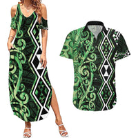 Green Aotearoa Couples Matching Summer Maxi Dress and Hawaiian Shirt Taniko Motifs With Paua Shell Kowhaiwhai