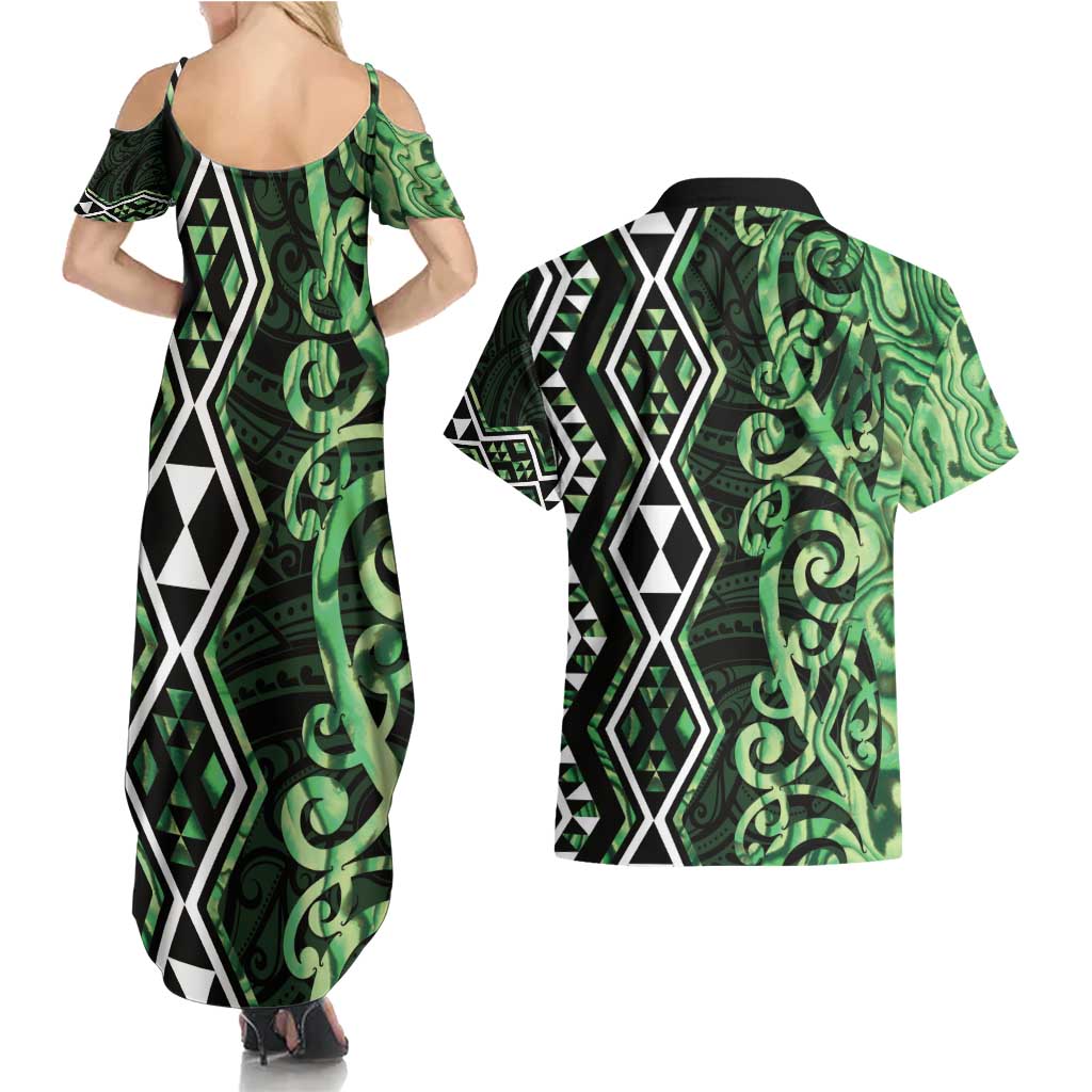 Green Aotearoa Couples Matching Summer Maxi Dress and Hawaiian Shirt Taniko Motifs With Paua Shell Kowhaiwhai