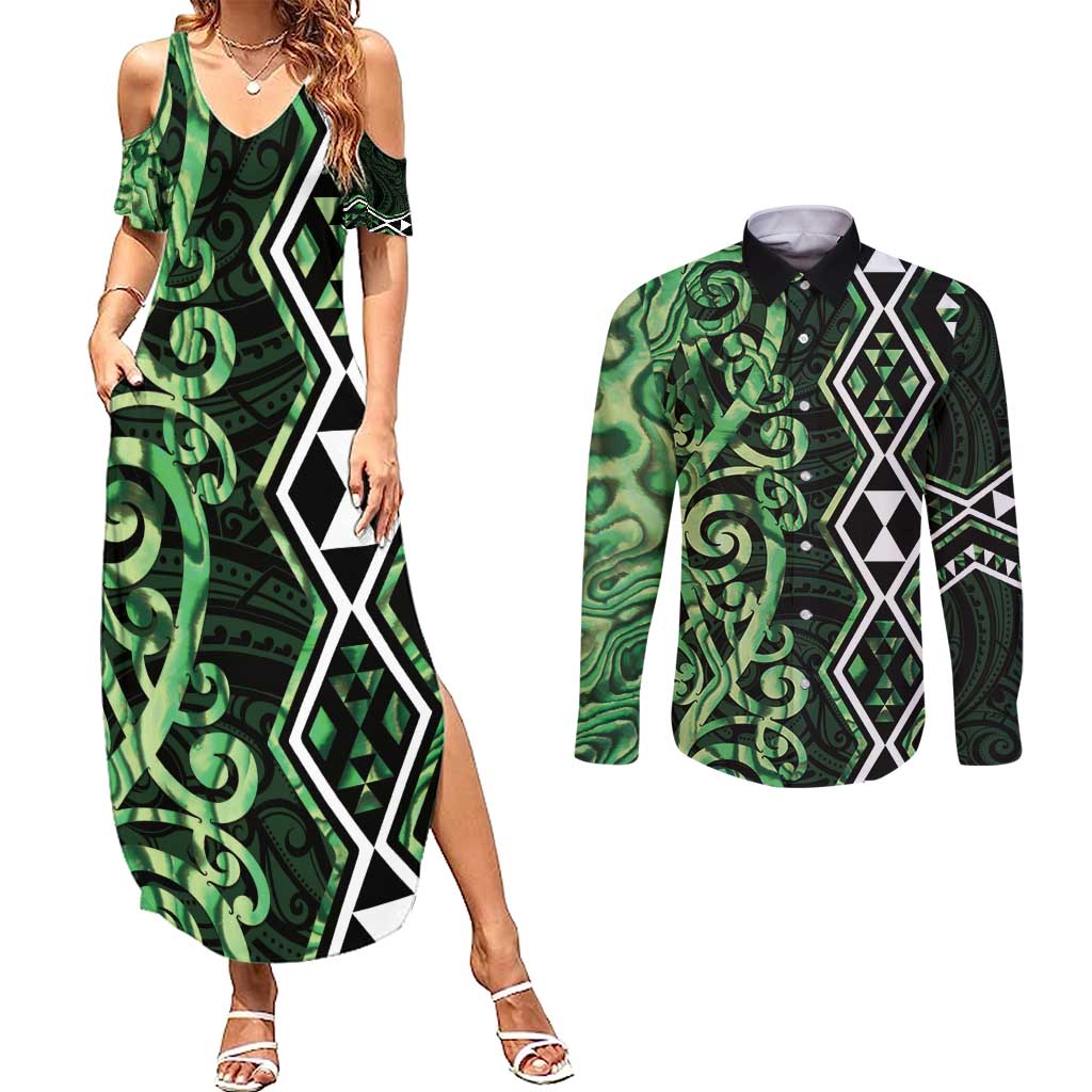 Green Aotearoa Couples Matching Summer Maxi Dress and Long Sleeve Button Shirt Taniko Motifs With Paua Shell Kowhaiwhai