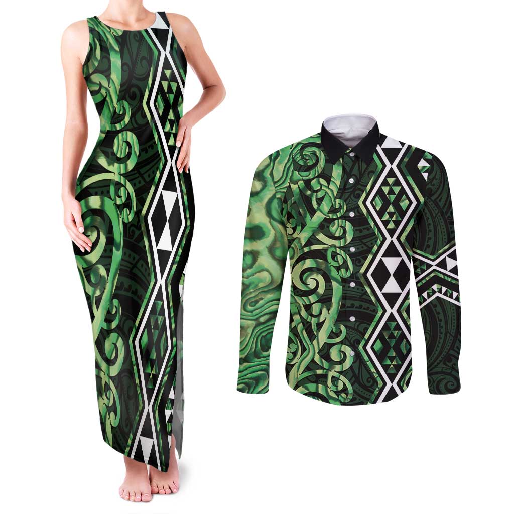 Green Aotearoa Couples Matching Tank Maxi Dress and Long Sleeve Button Shirt Taniko Motifs With Paua Shell Kowhaiwhai