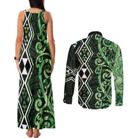 Green Aotearoa Couples Matching Tank Maxi Dress and Long Sleeve Button Shirt Taniko Motifs With Paua Shell Kowhaiwhai