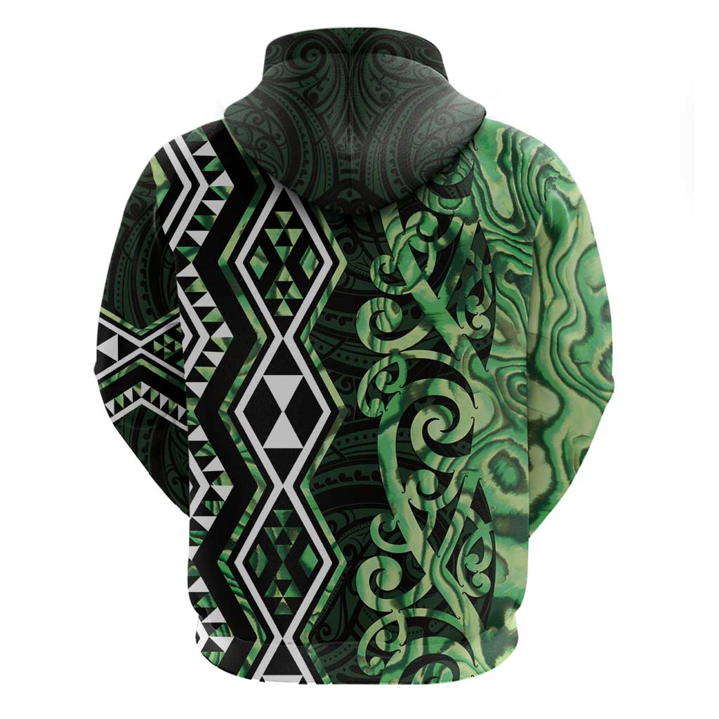 Green Aotearoa Hoodie Taniko Motifs With Paua Shell Kowhaiwhai