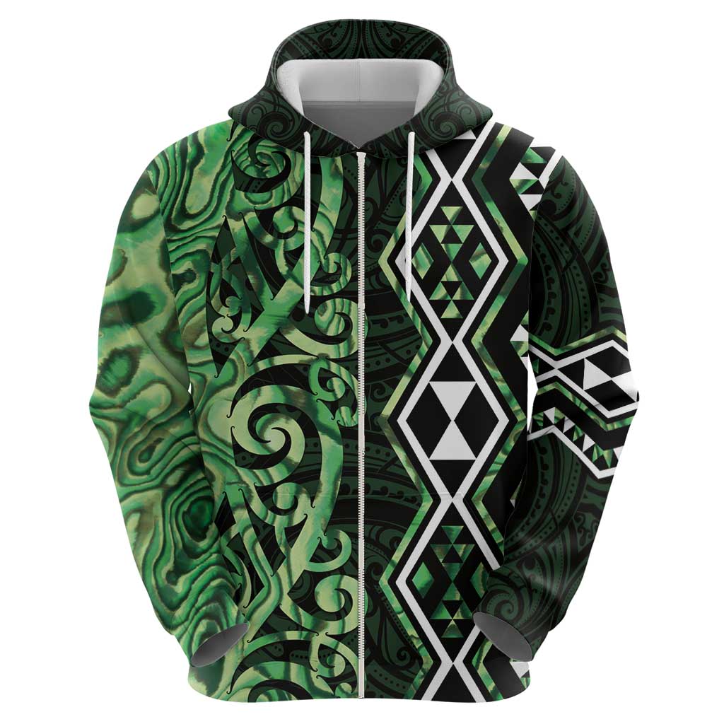 Green Aotearoa Hoodie Taniko Motifs With Paua Shell Kowhaiwhai