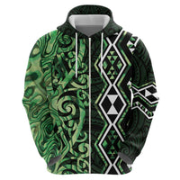 Green Aotearoa Hoodie Taniko Motifs With Paua Shell Kowhaiwhai
