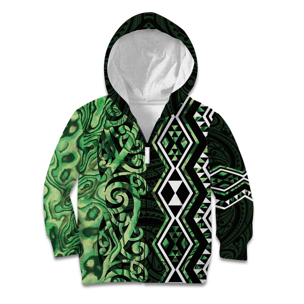 Green Aotearoa Kid Hoodie Taniko Motifs With Paua Shell Kowhaiwhai